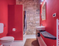 bathroom, sink, plumbing fixture, bathtub, indoor, red, shower, tap, mirror, house, countertop